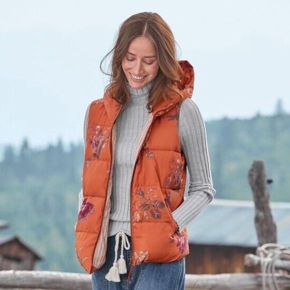 Sundance Jackets & Blazers - New! SUNDANCE Womens' Urban Blooms Vest Orange Floral Hooded Puffer Vest.